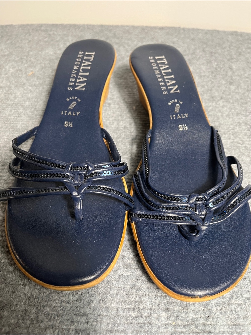 Italian Shoemakers Navy Sequined Slide Sandals. Minimal wear to interior of stra
